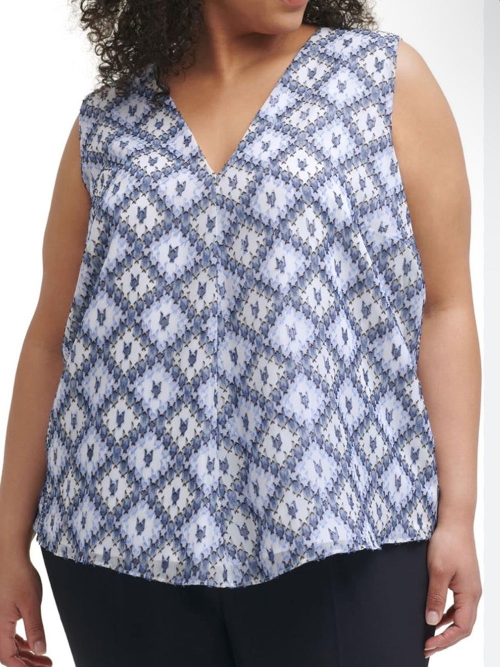 Calvin Klein NWT Sleeveless Blouse Tank Blue White V Neck Flowy